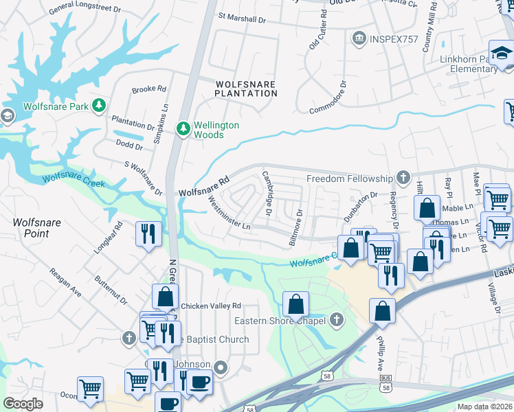 map of restaurants, bars, coffee shops, grocery stores, and more near 821 Cambridge Drive in Virginia Beach