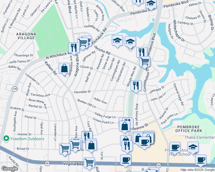 map of restaurants, bars, coffee shops, grocery stores, and more near 621 Cunningham Road in Virginia Beach