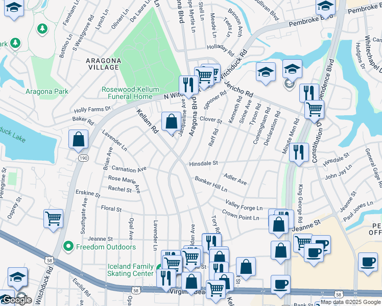 map of restaurants, bars, coffee shops, grocery stores, and more near 625 Spooner Road in Virginia Beach