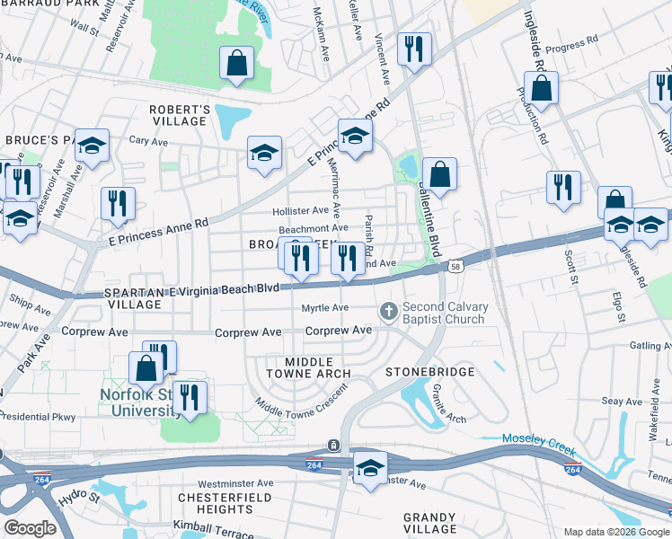 map of restaurants, bars, coffee shops, grocery stores, and more near 2907 Mapleton Avenue in Norfolk