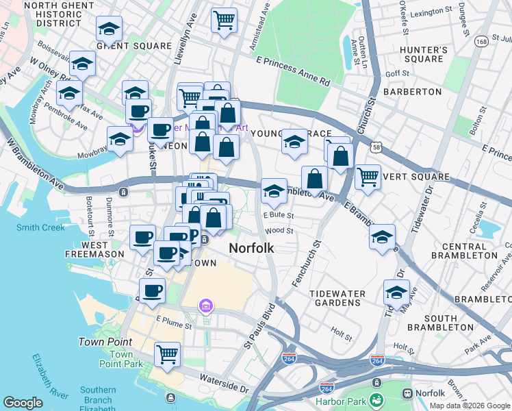 map of restaurants, bars, coffee shops, grocery stores, and more near in Norfolk