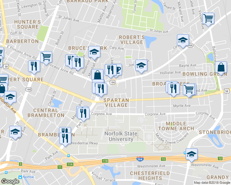map of restaurants, bars, coffee shops, grocery stores, and more near 1025 Dubose Drive in Norfolk