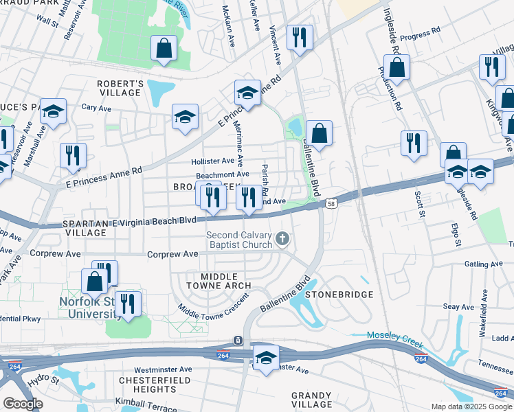 map of restaurants, bars, coffee shops, grocery stores, and more near 2923 Woodland Avenue in Norfolk