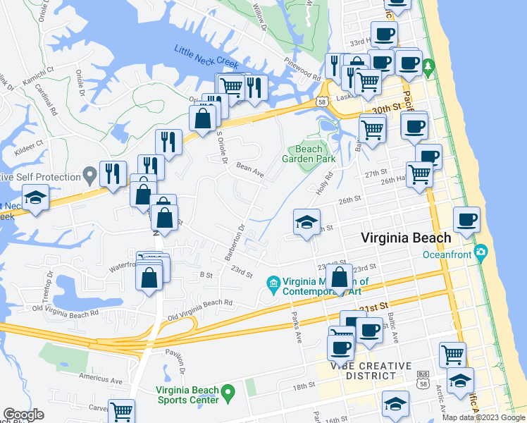 map of restaurants, bars, coffee shops, grocery stores, and more near 805 Osprey Point Trail in Virginia Beach
