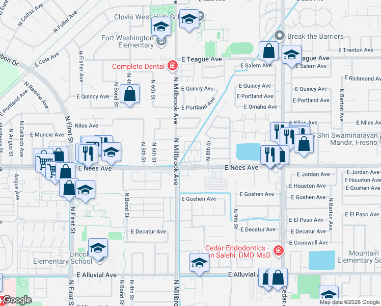 map of restaurants, bars, coffee shops, grocery stores, and more near 8080 North Millbrook Avenue in Fresno