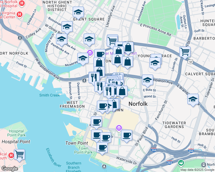 map of restaurants, bars, coffee shops, grocery stores, and more near 450 Boush Street in Norfolk