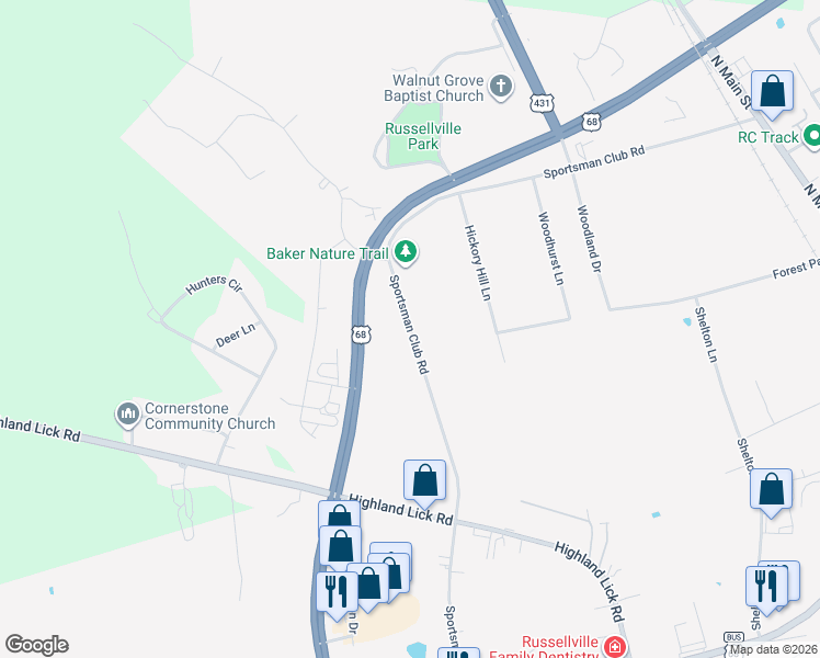 map of restaurants, bars, coffee shops, grocery stores, and more near 601 Sportsman Club Road in Russellville