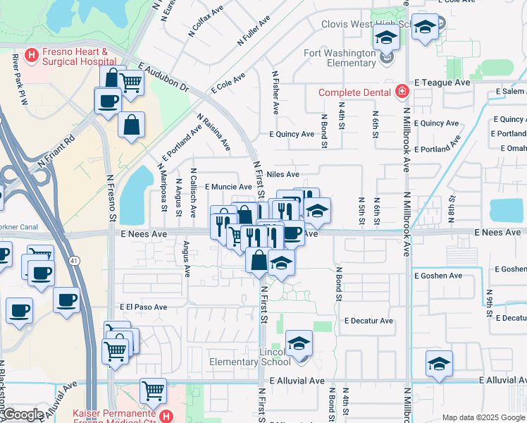 map of restaurants, bars, coffee shops, grocery stores, and more near 2300 East Locust Avenue in Fresno