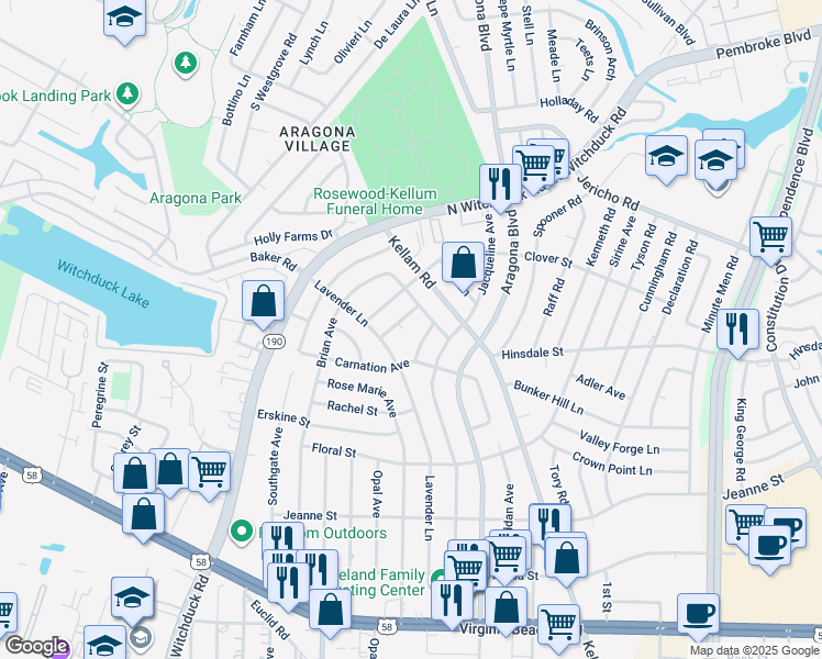 map of restaurants, bars, coffee shops, grocery stores, and more near 4973 Chaucer Court in Virginia Beach