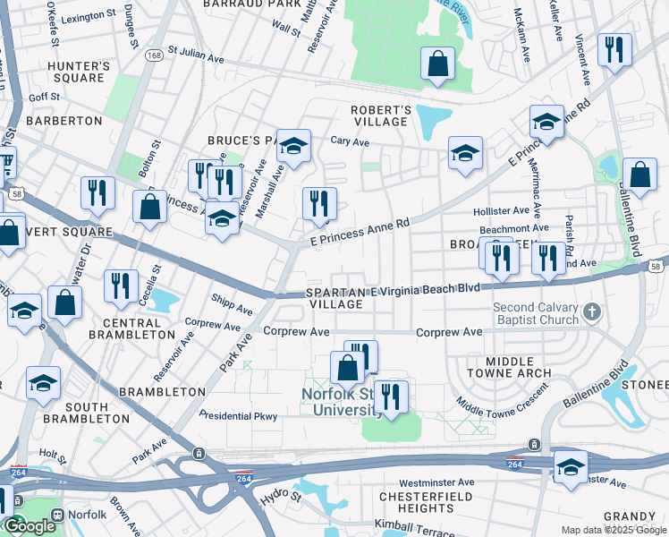 map of restaurants, bars, coffee shops, grocery stores, and more near 1027 Dubose Drive in Norfolk