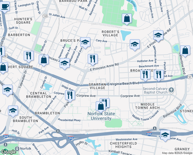 map of restaurants, bars, coffee shops, grocery stores, and more near 1025 Dubose Drive in Norfolk