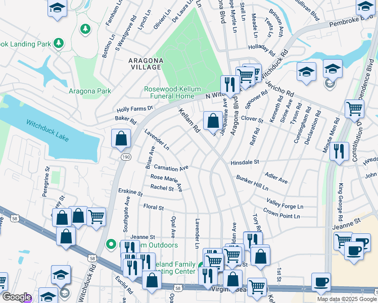 map of restaurants, bars, coffee shops, grocery stores, and more near 4973 Chaucer Court in Virginia Beach