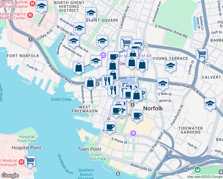 map of restaurants, bars, coffee shops, grocery stores, and more near Duke Street in Norfolk