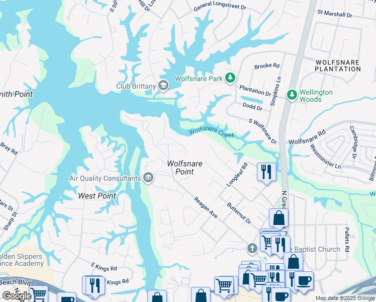 map of restaurants, bars, coffee shops, grocery stores, and more near 276 Windship Cove in Virginia Beach