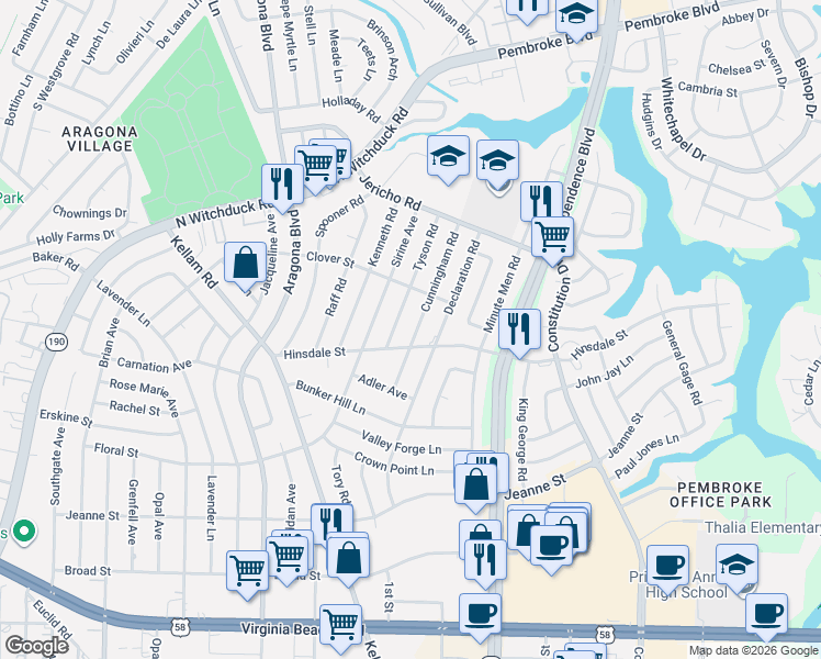 map of restaurants, bars, coffee shops, grocery stores, and more near 621 Cunningham Road in Virginia Beach