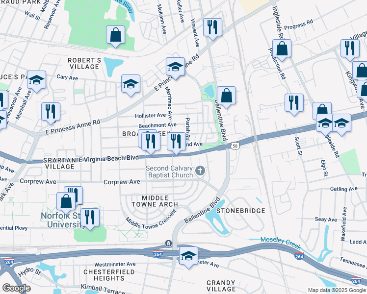map of restaurants, bars, coffee shops, grocery stores, and more near 2923 Woodland Avenue in Norfolk