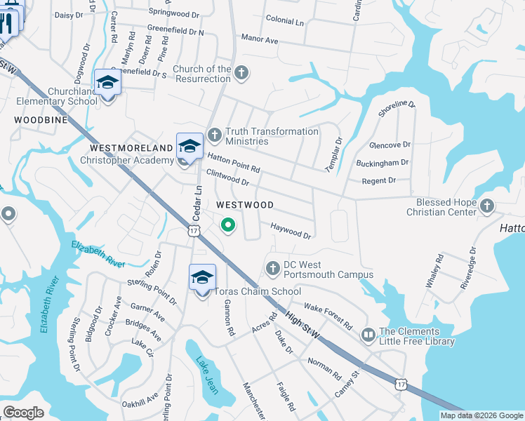 map of restaurants, bars, coffee shops, grocery stores, and more near 3221 Madden Terrace in Portsmouth