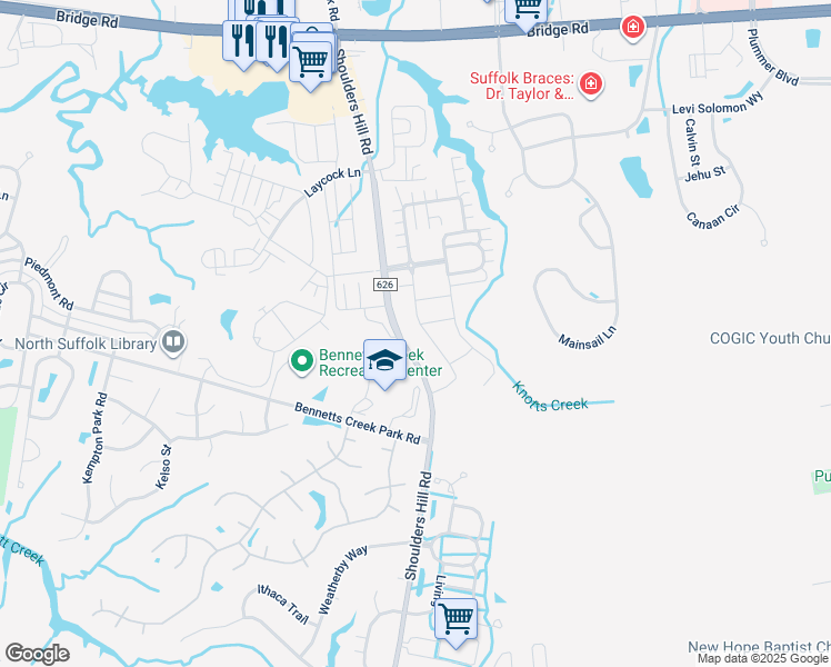 map of restaurants, bars, coffee shops, grocery stores, and more near 118 Meridian Place in Suffolk