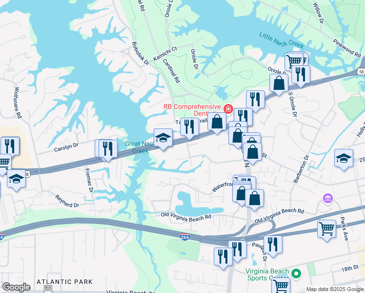 map of restaurants, bars, coffee shops, grocery stores, and more near 1268 U.S. 58 in Virginia Beach