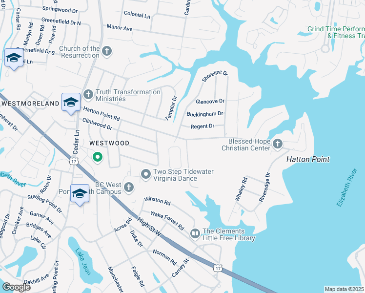 map of restaurants, bars, coffee shops, grocery stores, and more near 9 Wayland Drive in Portsmouth