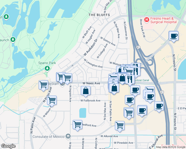 map of restaurants, bars, coffee shops, grocery stores, and more near 8072 North Maroa Avenue in Fresno