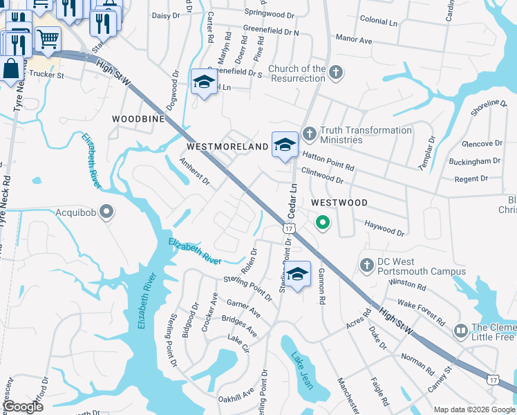 map of restaurants, bars, coffee shops, grocery stores, and more near 3193 Reese Drive in Portsmouth