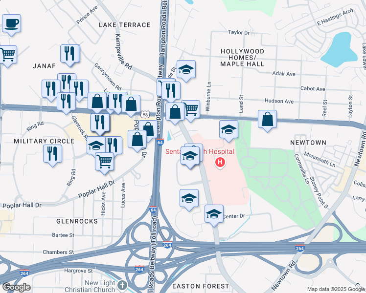 map of restaurants, bars, coffee shops, grocery stores, and more near 885 Kempsville Road in Norfolk