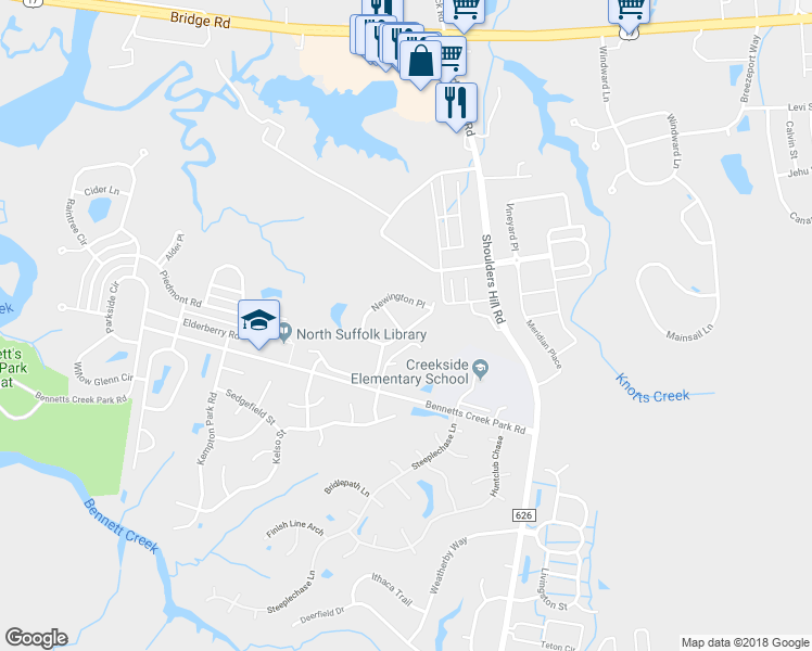 map of restaurants, bars, coffee shops, grocery stores, and more near 5025 Breleigh Lane in Suffolk