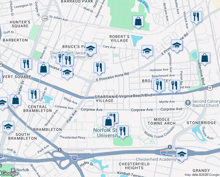 map of restaurants, bars, coffee shops, grocery stores, and more near 1059 Rainey Drive in Norfolk