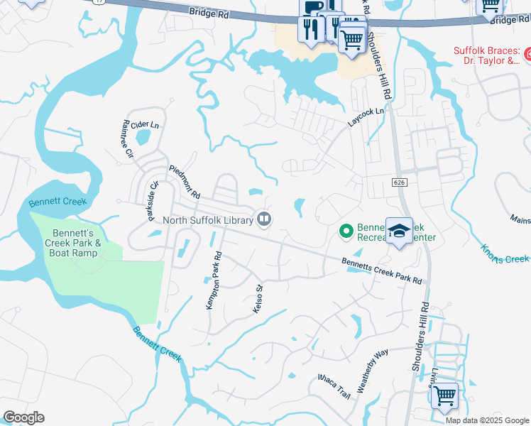 map of restaurants, bars, coffee shops, grocery stores, and more near 1520 Elderberry Road in Suffolk