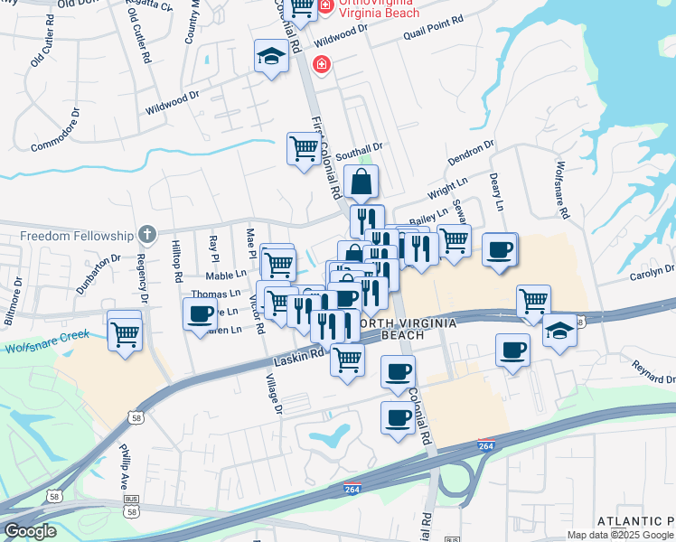 map of restaurants, bars, coffee shops, grocery stores, and more near 845 First Colonial Road in Virginia Beach