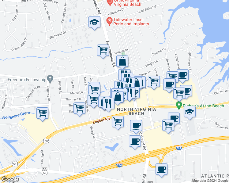 map of restaurants, bars, coffee shops, grocery stores, and more near 1836 Chantilly Court in Virginia Beach