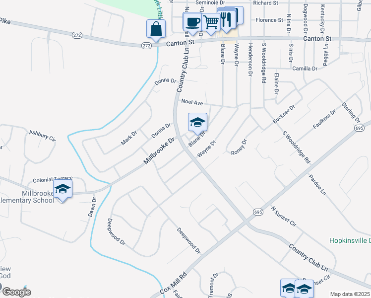 map of restaurants, bars, coffee shops, grocery stores, and more near 301 Blane Drive in Hopkinsville