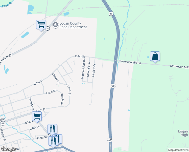 map of restaurants, bars, coffee shops, grocery stores, and more near 111 Hi View Drive in Russellville