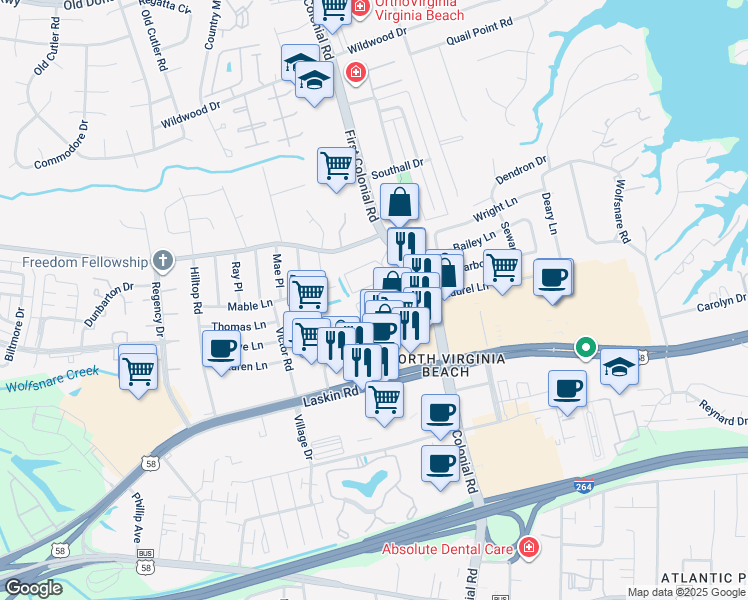 map of restaurants, bars, coffee shops, grocery stores, and more near 1885 Chantilly Court in Virginia Beach