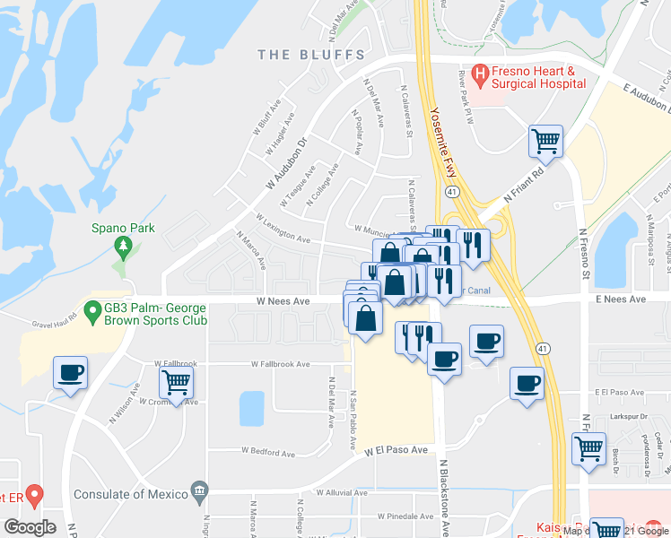 map of restaurants, bars, coffee shops, grocery stores, and more near 8096 North Poplar Avenue in Fresno