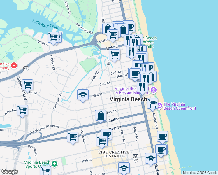 map of restaurants, bars, coffee shops, grocery stores, and more near 509 26th Street in Virginia Beach
