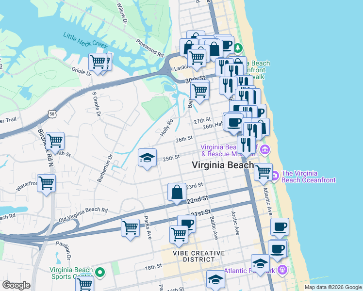 map of restaurants, bars, coffee shops, grocery stores, and more near 509 26th Street in Virginia Beach