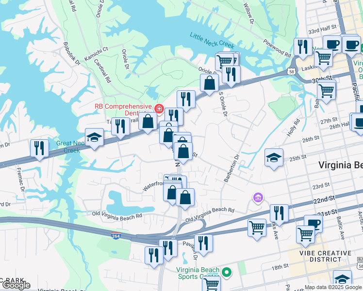 map of restaurants, bars, coffee shops, grocery stores, and more near 600 North Birdneck Road in Virginia Beach