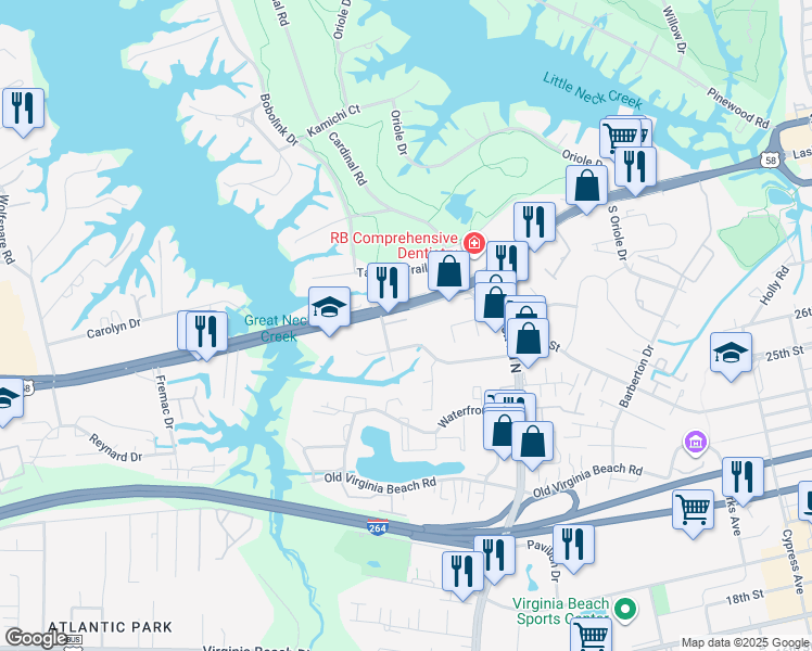 map of restaurants, bars, coffee shops, grocery stores, and more near 1241 Laskin Road in Virginia Beach