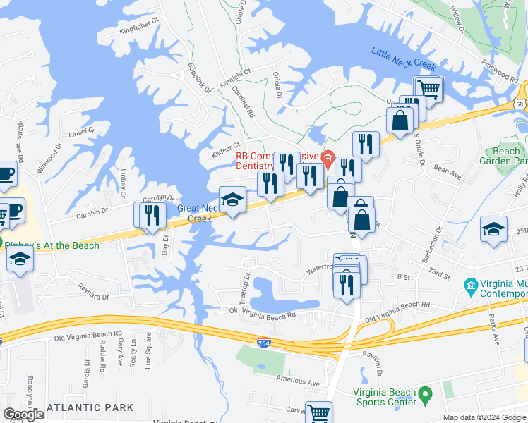 map of restaurants, bars, coffee shops, grocery stores, and more near 1268 U.S. 58 in Virginia Beach