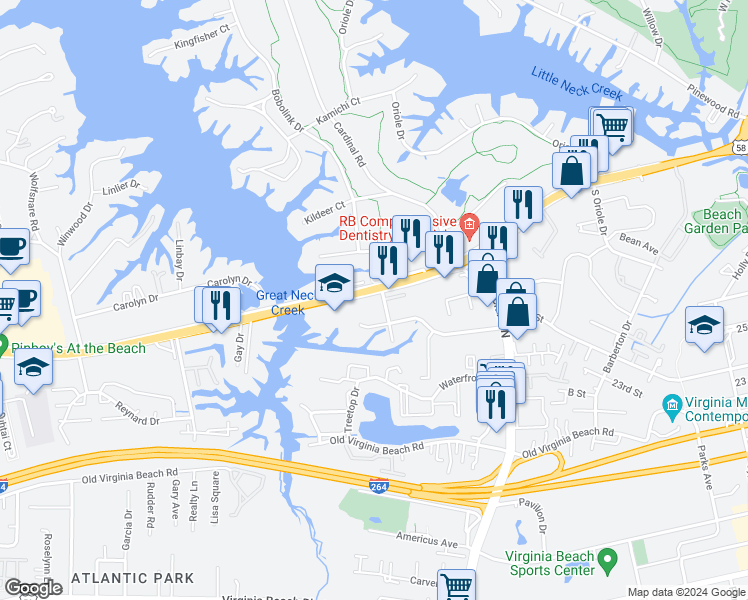 map of restaurants, bars, coffee shops, grocery stores, and more near 1268 U.S. 58 in Virginia Beach
