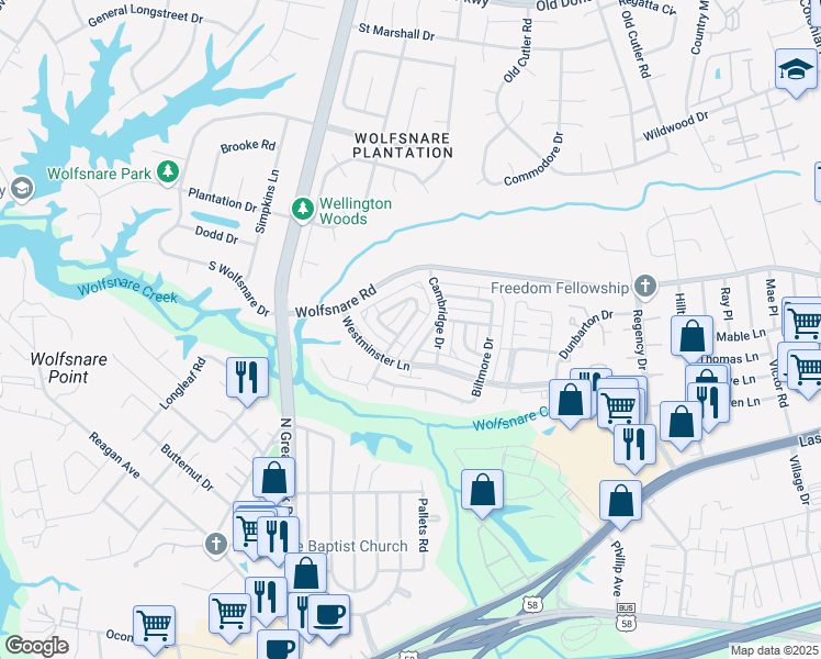map of restaurants, bars, coffee shops, grocery stores, and more near 2237 Windom Place in Virginia Beach