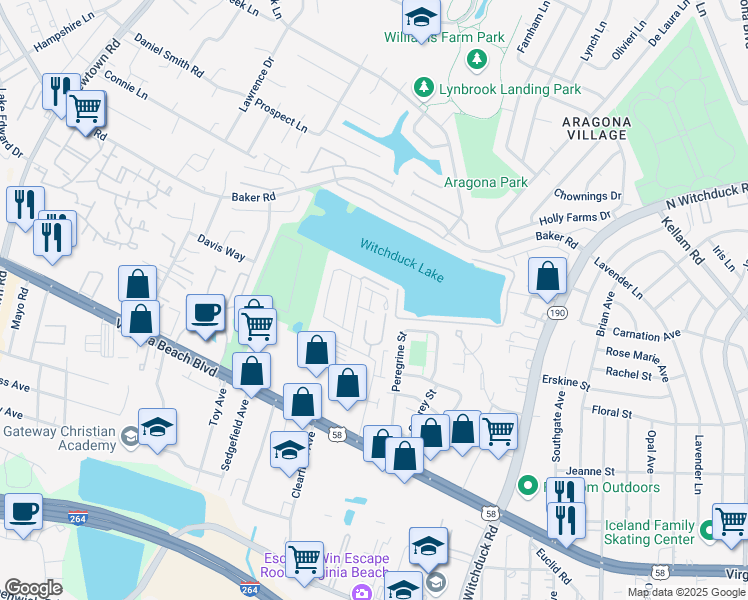 map of restaurants, bars, coffee shops, grocery stores, and more near 446 North Garnett Point Lane in Virginia Beach