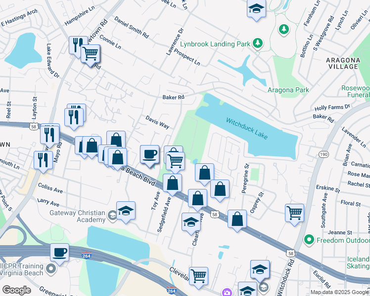 map of restaurants, bars, coffee shops, grocery stores, and more near 600 Aylesbury Drive in Virginia Beach