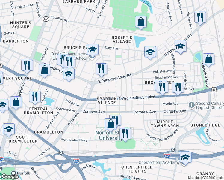 map of restaurants, bars, coffee shops, grocery stores, and more near 1059 Rainey Drive in Norfolk