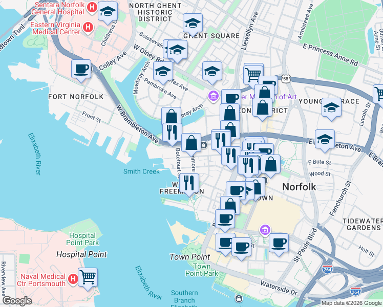 map of restaurants, bars, coffee shops, grocery stores, and more near in Norfolk
