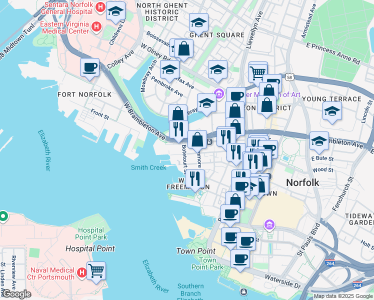 map of restaurants, bars, coffee shops, grocery stores, and more near 351 West York Street in Norfolk