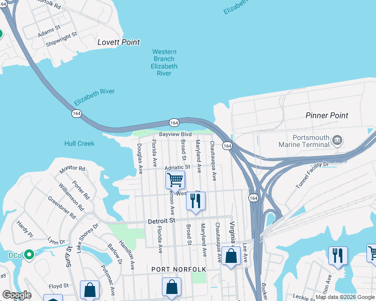map of restaurants, bars, coffee shops, grocery stores, and more near 110 Maryland Avenue in Portsmouth
