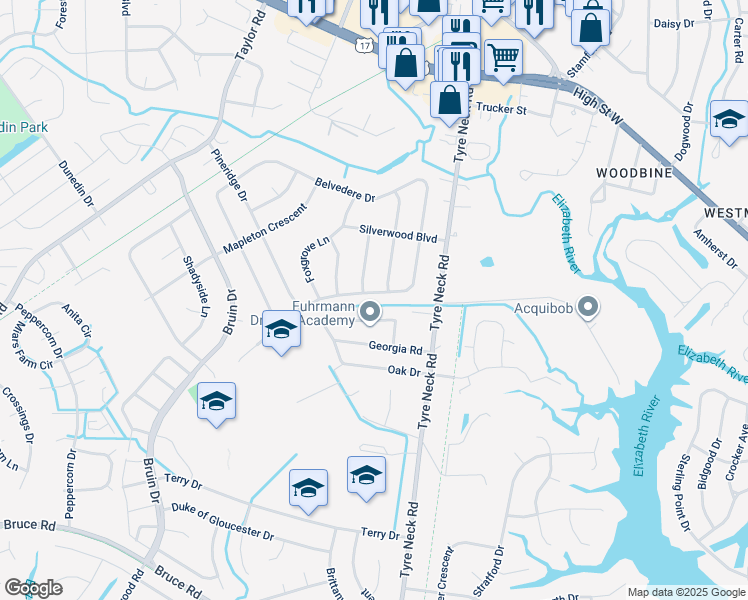 map of restaurants, bars, coffee shops, grocery stores, and more near 4045 Hawksley Drive in Chesapeake